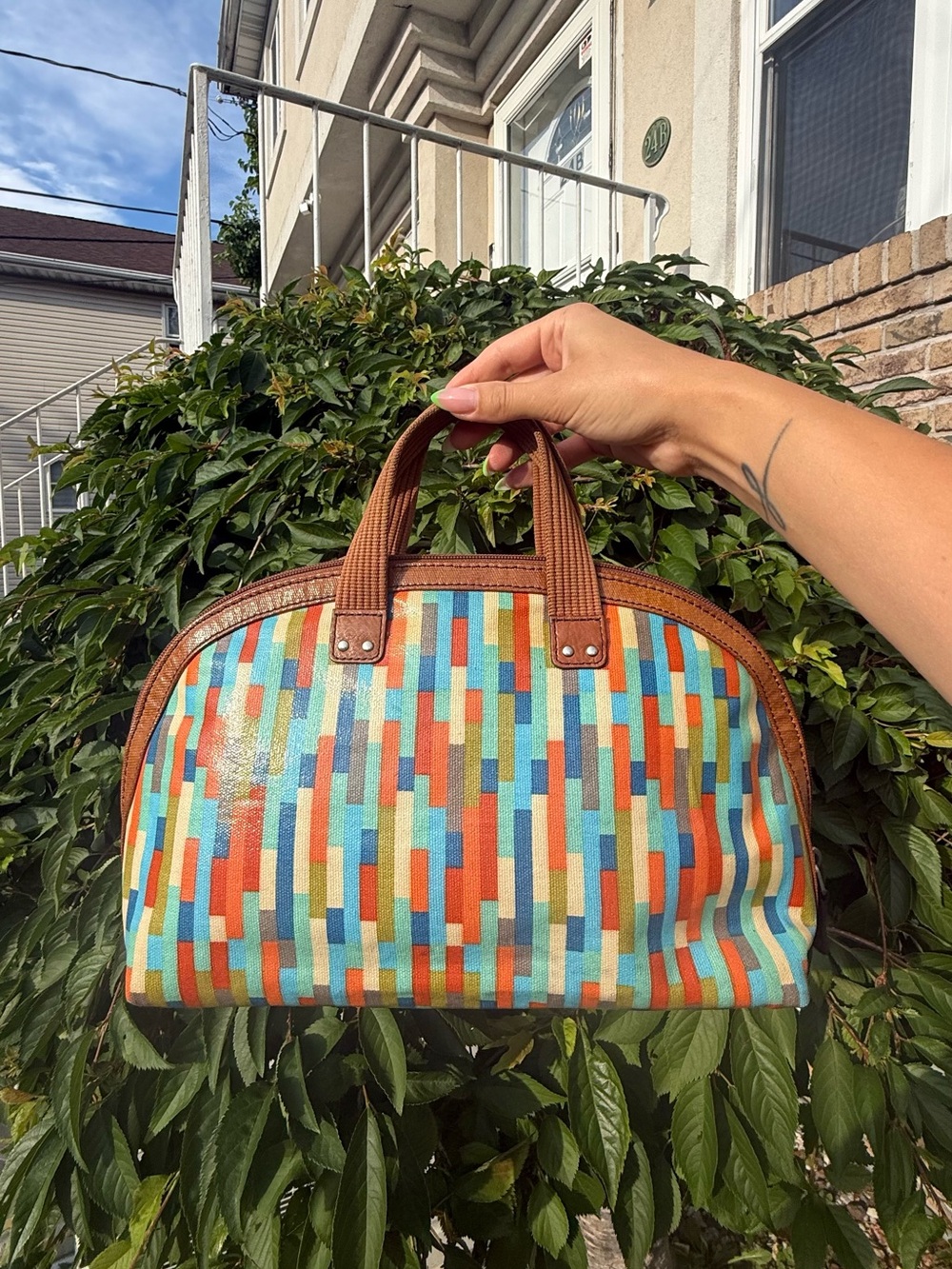 Fossil Vintage Y2K Multicolor Leather Geometric Print Satchel Handle Bag Purse - Picture 4 of 6